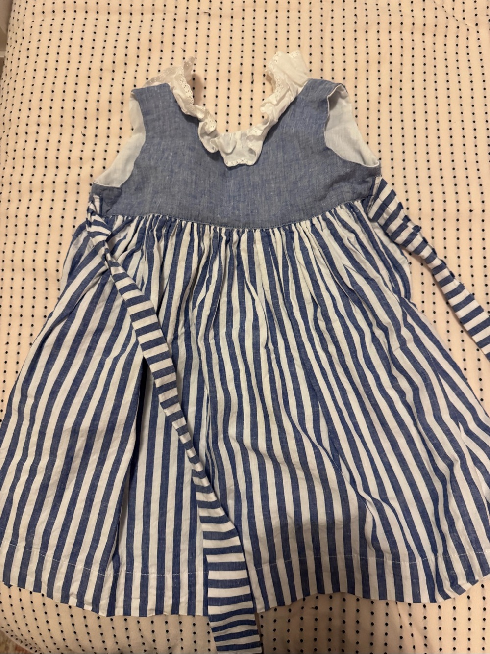 Blue and White Striped Girls' Casual Dress with Chambray Bodice